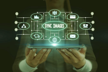 Text sign showing Sync Images. Business photo showcasing Making photos identical in all devices Accessible anywhere Woman wear formal work suit presenting presentation using smart device