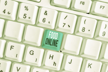 Writing note showing Food Online. Business concept for asking for something to eat using phone app or website White pc keyboard with note paper above the white background