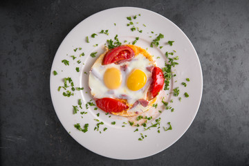 Healthy breakfast. Omelette from eggs, ham and vegetables.