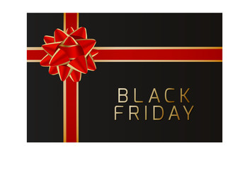 gold black Friday on black background with red and gold bow concept for banner discount sale on black Friday in vector illustration