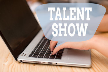 Conceptual hand writing showing Talent Show. Concept meaning Competition of entertainers show casting their perforanalysisces woman with laptop smartphone and office supplies technology