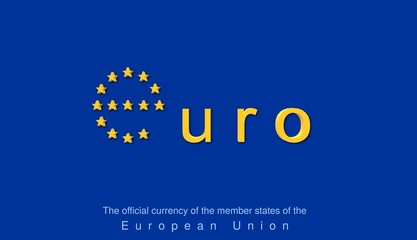 3D Illustration with blue background, banner, color of the flag of the European Union. The word Euro with EU stars in the letter E.