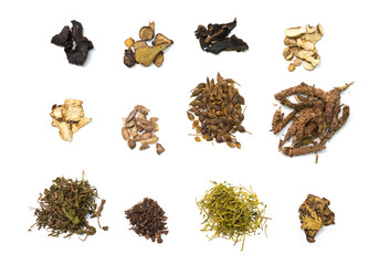 top view different Chinese herb on white background