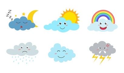 Collection of cute cloud cartoon emojis icon set with different expressions isolated on white background - Vector illustration