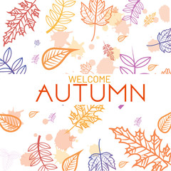 Fototapeta na wymiar Autumn seasonals postes with autumn leaves and floral elements in fall colors.Autumn greetings cards perfect for prints,flyers,banners,invitations,promotions and more.Vector autumn illustration set.