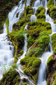 Close up of an alpine waterfall flowing between moss-covered rocks