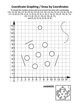 Coordinate graphing, or draw by coordinates, math worksheet with a teapot: To reveal the mystery picture plot and connect the dots with given coordinates. Answer included.