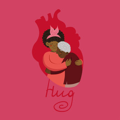 Woman hugs grandmother. A hug in the shape of a heart. Template for postcard.