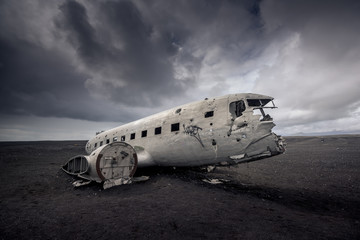 Plane wreckage in Black sand beach in iceland