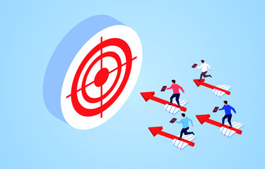 Businessman standing on darts flying to target bulls eye