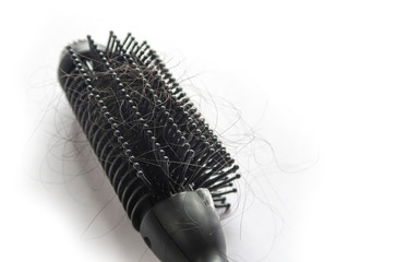 Hair fall in hairbrush with copy space