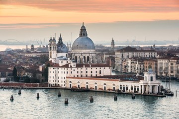 Fototapeta na wymiar Cityscape of Venice at sunset as seen from a belltower