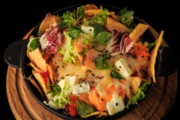 top view closeup exquisite decorated cheese and greens salad
