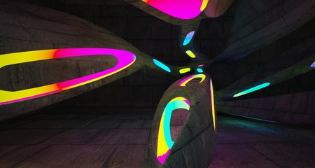 Abstract architectural concrete smooth interior of a minimalist house with color gradient neon lighting. 3D illustration and rendering.