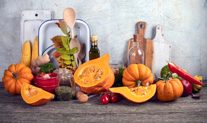 Healthy vegetarian fall food cooking background.