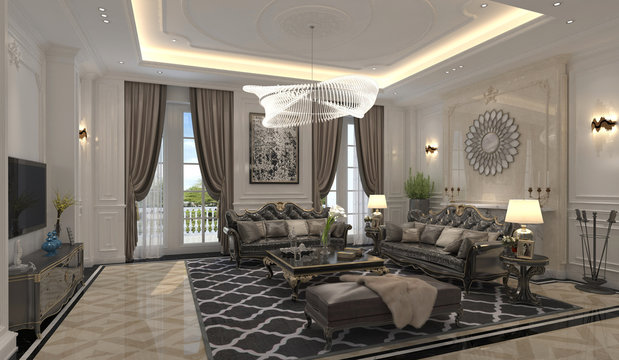Living room interior in european style 3D illustration