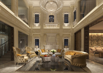 Living room interior in european style 3D illustration