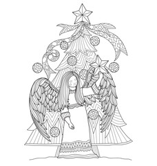 Hand drawn sketch illustration of angel and Christmas tree for adult coloring book.