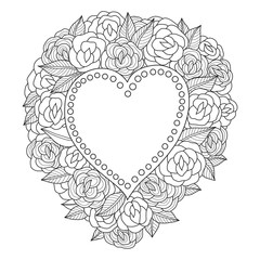 Hand drawn sketch illustration of heart and flowers for adult coloring book.