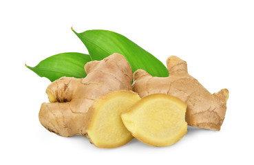fresh ginger with leaves isolated on white background