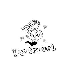 Advertising banner with inscription I love travel. Girl loves travel. Cute joyful child flies. Hand-drawn doodle set. Inspirational travel objects. Quick sketch. Vector illustration.