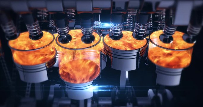 3D Animation Of A Fuel Injected V8 Engine With Explosions. Pistons And Other Mechanical Parts Are In Motion.