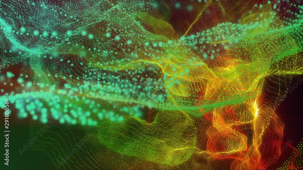 Poster Sci fi Digital Wave Dot Particle Motion Background. Beautiful Landscape Floating Defocus Animation Graphic Design.