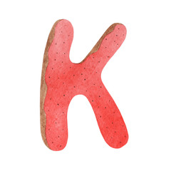 Letter K in the form of a Christmas gingerbread. Isolated over a white background.