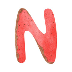 Watercolor letter N in the form of a Christmas gingerbread. Isolated over a white background.