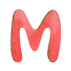 Watercolor letter M in the form of a Christmas gingerbread. Isolated over a white background.