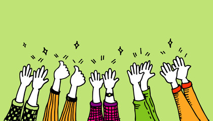 hand drawn of Hands clapping. applause and thumbs up gestures. cartoon style. vector illustration - obrazy, fototapety, plakaty