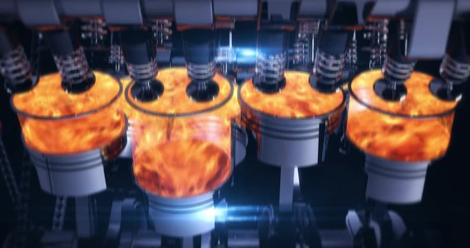 Powerful V8 Fuel Injected Engine In Motion. Producing Power. Pistons And Other Mechanical Parts Are In Motion With Explosions.