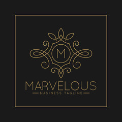 Luxurious Letter M Logo with classic line art ornament style vector
