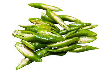 Closeup of chopped green chilli on a white background