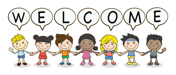 Vector Illustration Of Funny Kids Welcome