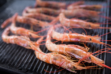Close up of a bunch of prawns being grilled