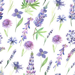 Watercolor wild flowers seamless pattern