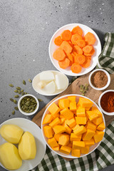 Ingredients for pumpkin soup-puree. Top view. Space for text