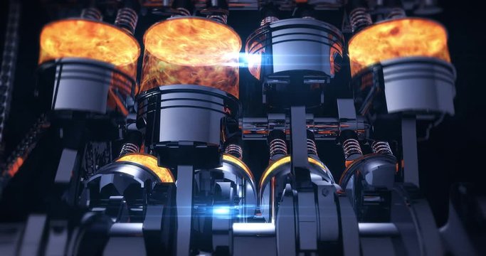 CG Animation Of A Fuel Injected V8 Engine With Explosions. Pistons And Other Mechanical Parts Are In Motion.