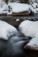 Close up of an alpine environment where a stream is flowing between snow covered rocks