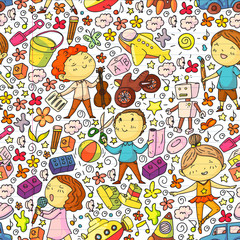 Fototapeta premium Drawing on exercise notebook in colorful style. Painted by hand style seamless pattern on the theme of childhood. Vector illustration for children design.