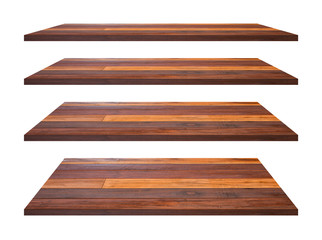 Wood shelves table top collection isolated on white background. Clipping path include in this image.