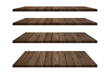 Wood shelves table top collection isolated on white background. Clipping path include in this image.