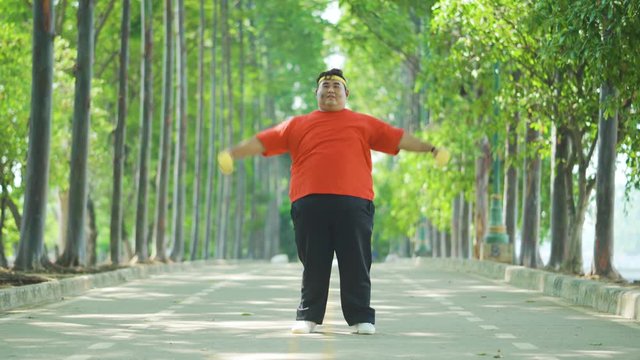 Young obese man doing exercise with two dumbbells while standing on the road at the park. Shot in 4k resolution