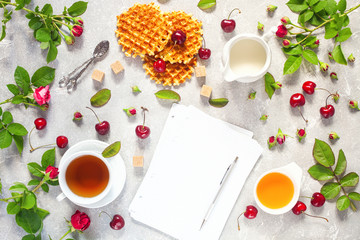 Tea, honey, cherry, milk and wafers.