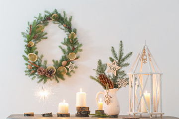 Christmas decoration on background white wall