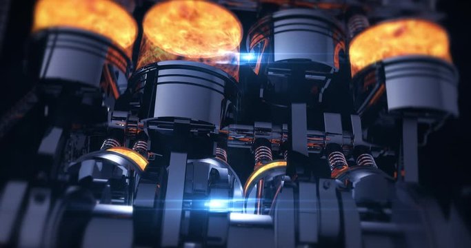 Rotating V8 Engine 3D Animation With Explosions. Pistons And Other Mechanical Parts Are In Motion.