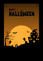 Happy Halloween pumpkins with tree and dark castle on yellow Moon background, illustration.