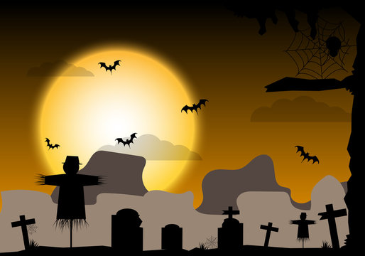 Happy Halloween with bat and scarecrow on yellow Moon mountain background. illustration vector