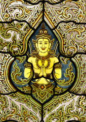 Obraz premium Stained glass window of angel, Wat Benjamobopith, Bangkok Thailand
